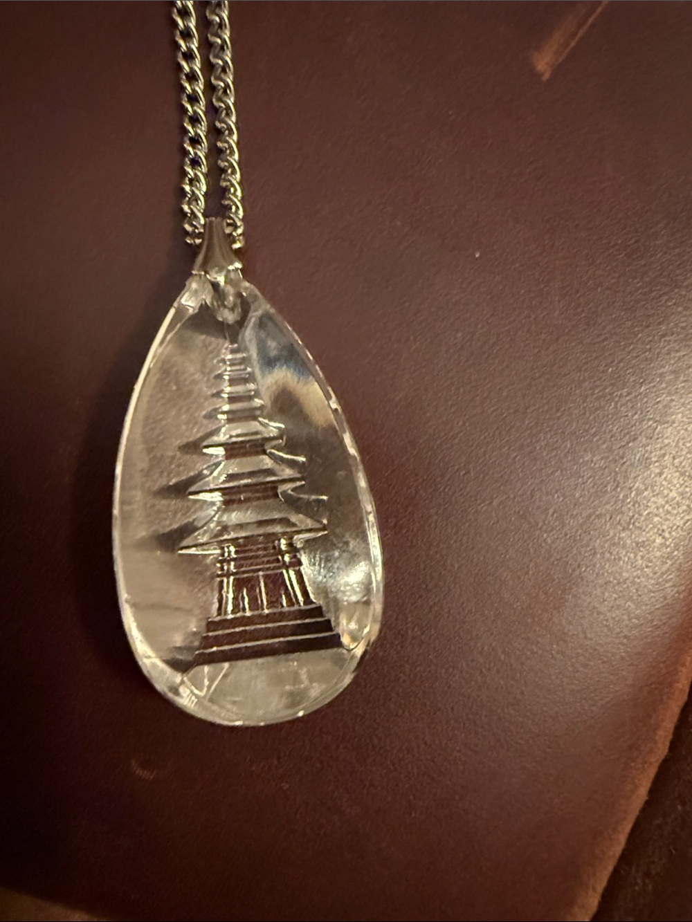 Vintage Teardrop JAPANESE Pagoda Pendant Necklace - plastic Clear NOS